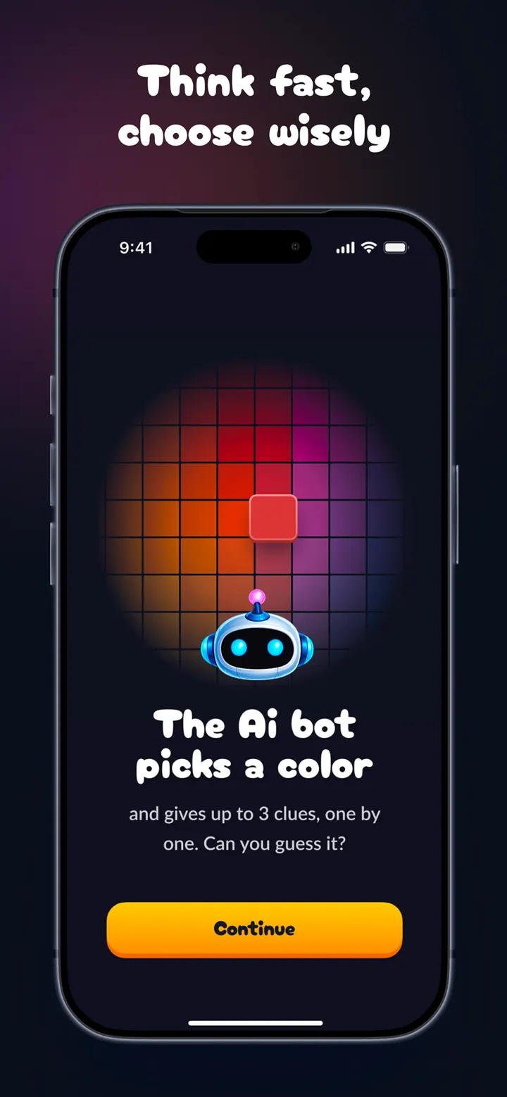 Intro screen explaining that the AI bot picks a color and gives up to three clues, one at a time.