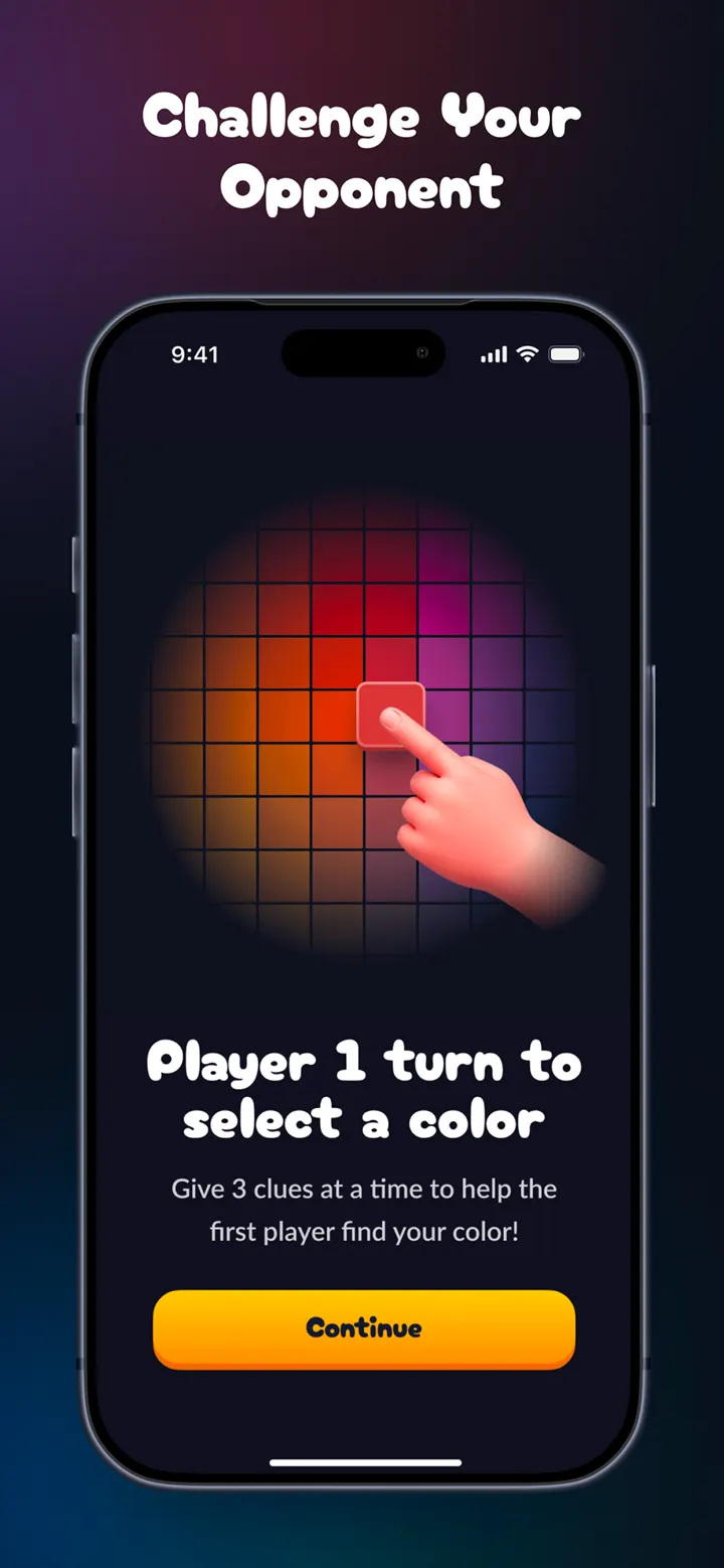 Pass-the-phone mode: a hand tapping a swatch on the grid while Player 1 selects the secret color.