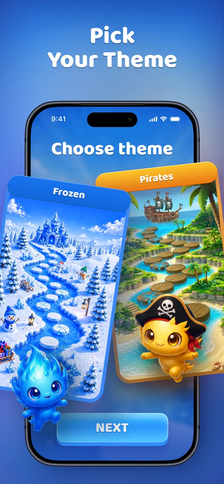 Choose theme screen with the Frozen and Pirates worlds shown side by side as selectable cards.