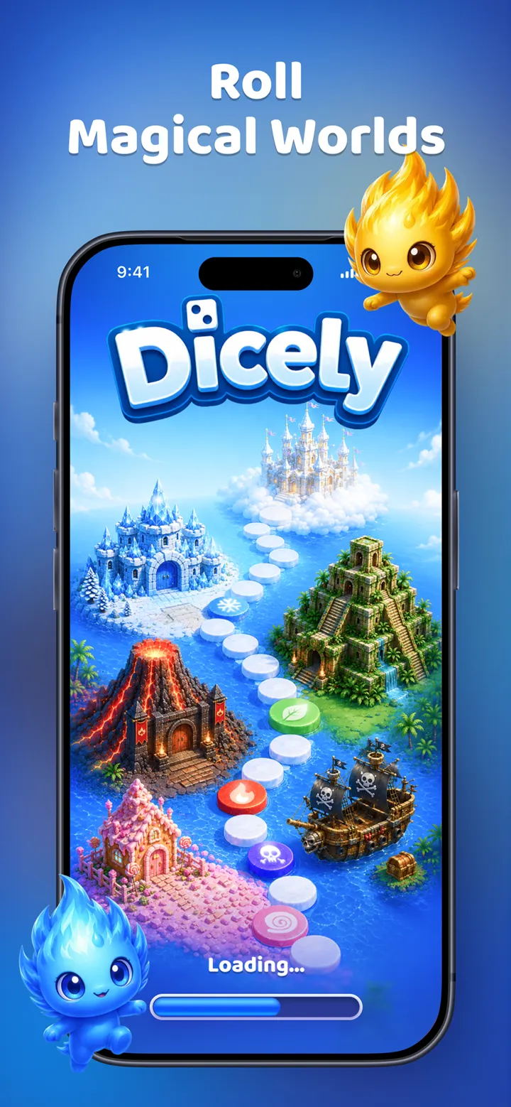 Dicely loading screen showing the world map with ice, jungle, pirate and desert boards floating in the clouds.