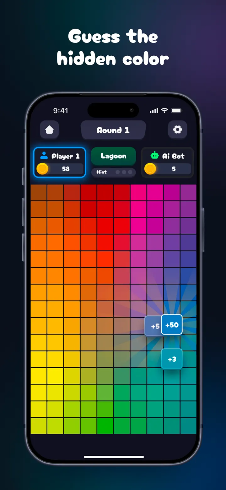 A round in play: the gradient grid with score markers reading plus fifty, plus five and plus three around the hidden color.