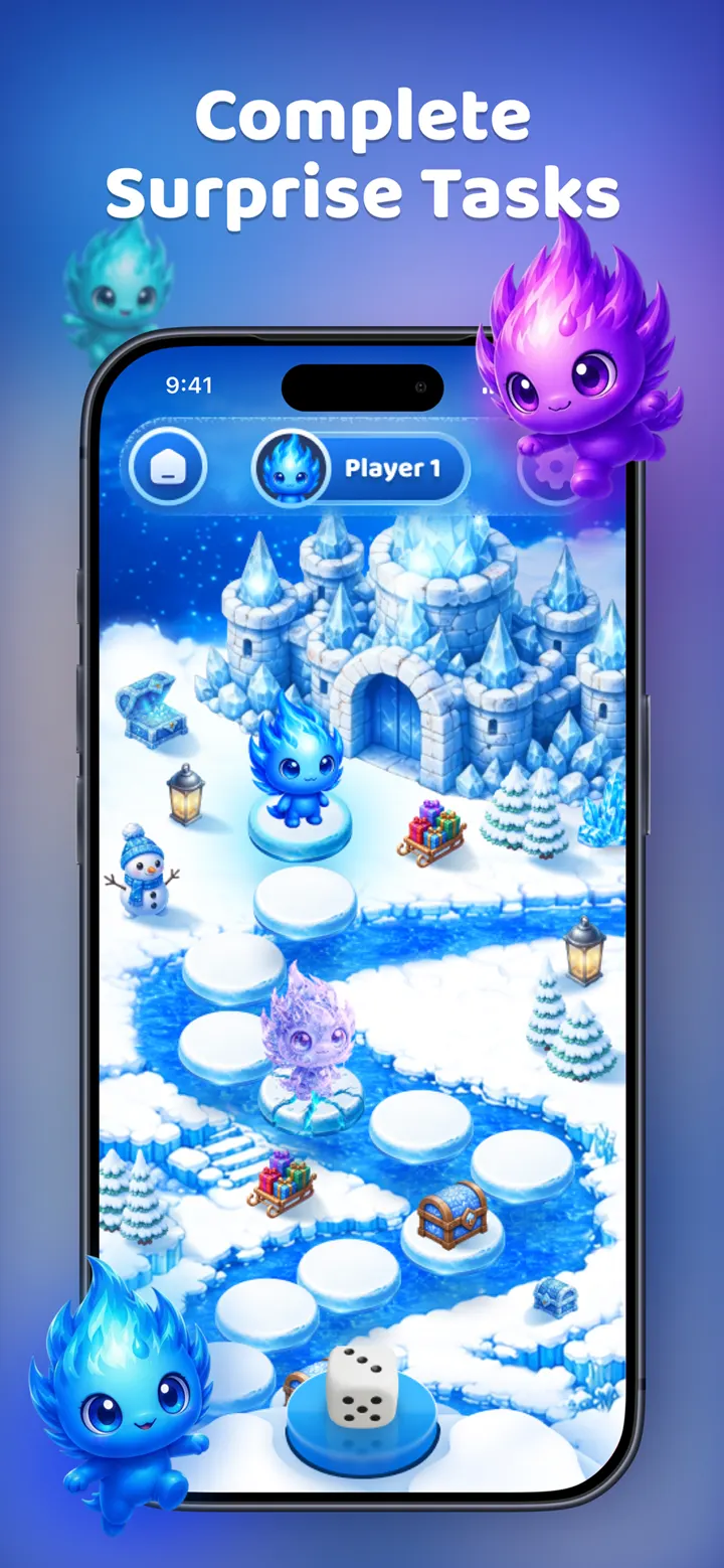 The Frozen world board in play: an ice castle, snowy path tiles and elemental characters partway around the track.
